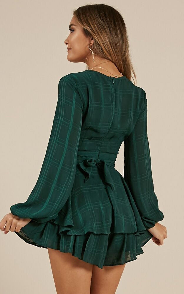 Fashion Forest Green Checkered Ruffle Tie-Up Romper with Bell Sleeve