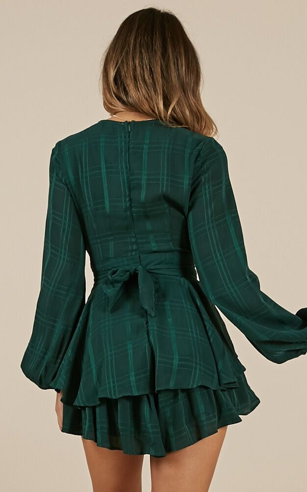 Fashion Forest Green Checkered Ruffle Tie-Up Romper with Bell Sleeve