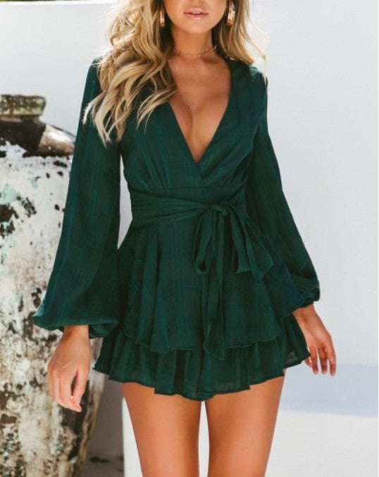 Fashion Forest Green Checkered Ruffle Tie-Up Romper with Bell Sleeve