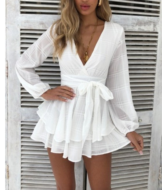 Fashion White Checkered Ruffle Tie-Up Romper with Bell Sleeve
