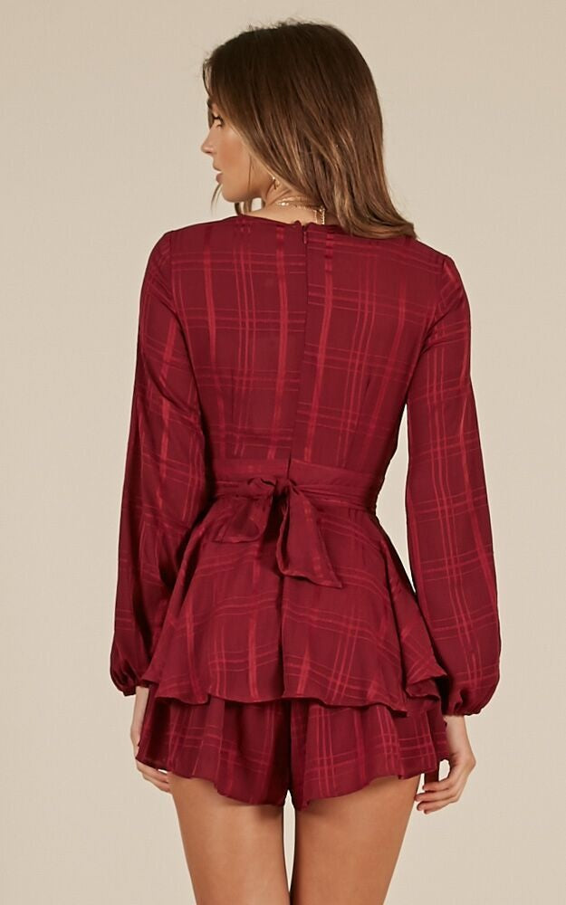 Fashion Wine Checkered Ruffle Tie-Up Romper with Bell Sleeve