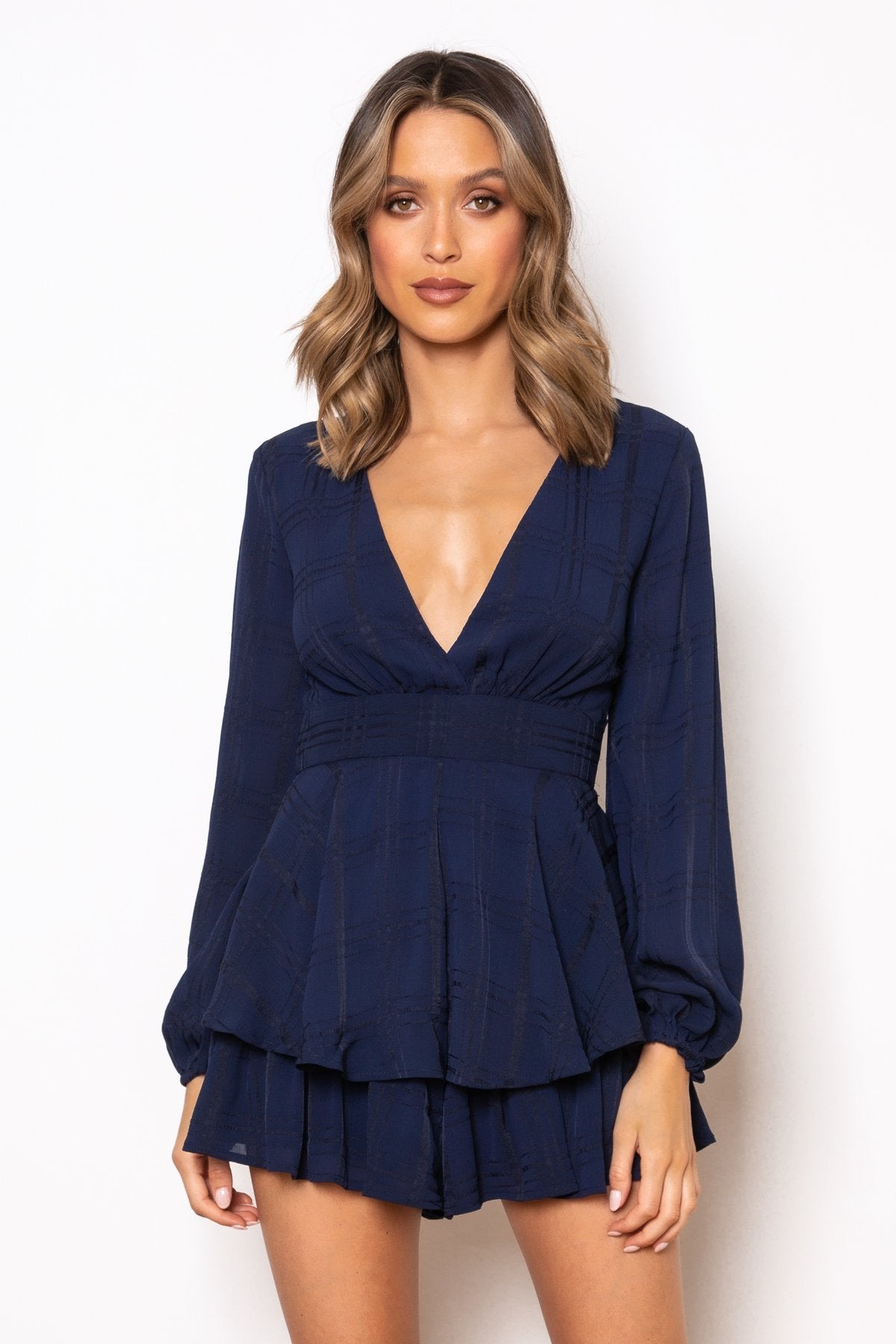 Fashion Navy Checkered Ruffle Tie-Up Romper with Bell Sleeve