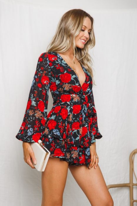 Fashion Black Multi-Color Floral Print Ruffle Tie-Up Romper with Bell Sleeve