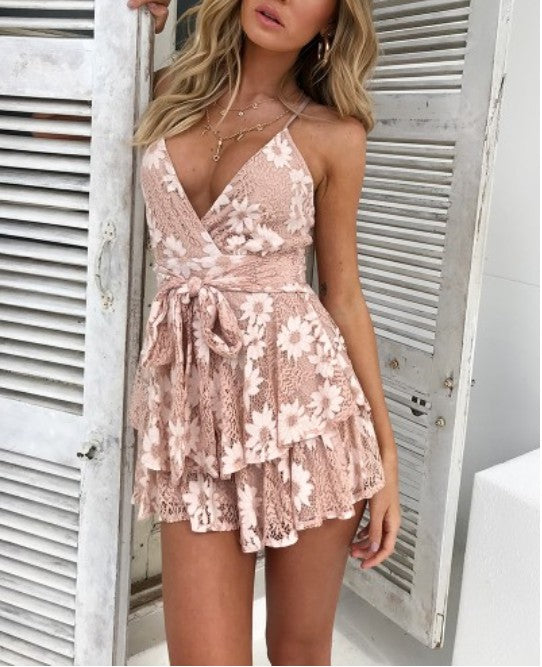 Elegant Strap Nude Lace Detailed Tie-Up Ruffle Romper
