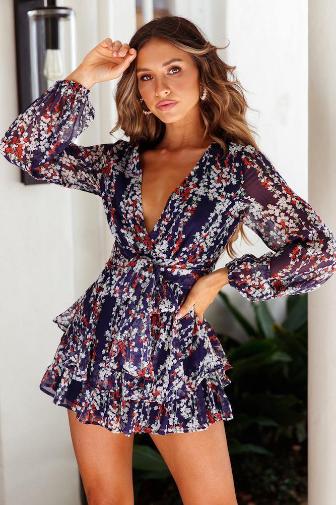 Fashion Navy Multi-Color Floral Print Ruffle Tie-Up Romper with Bell Sleeve