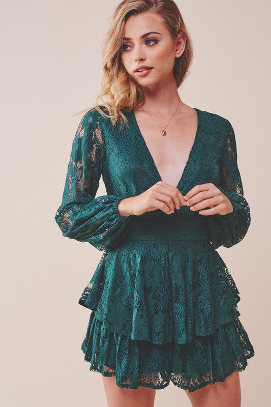 Elegant Forest Green Lace Pom Pom Detailed Ruffle Tie-Up Romper with Bell Sleeve