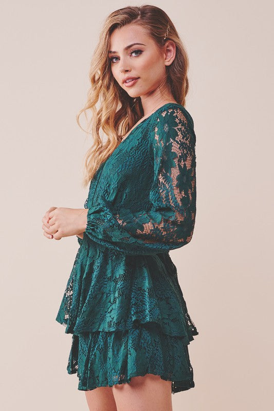 Elegant Forest Green Lace Pom Pom Detailed Ruffle Tie-Up Romper with Bell Sleeve