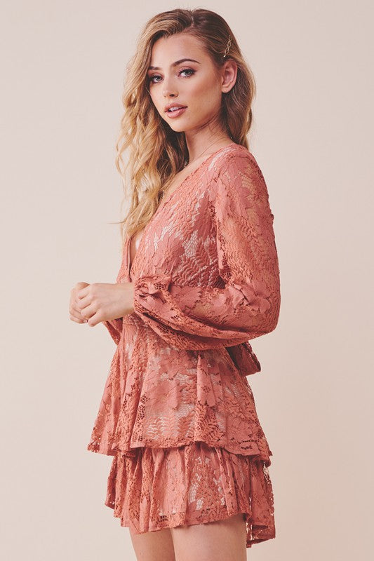 Elegant Rose Lace Pom Pom Detailed Ruffle Tie-Up Romper with Bell Sleeve