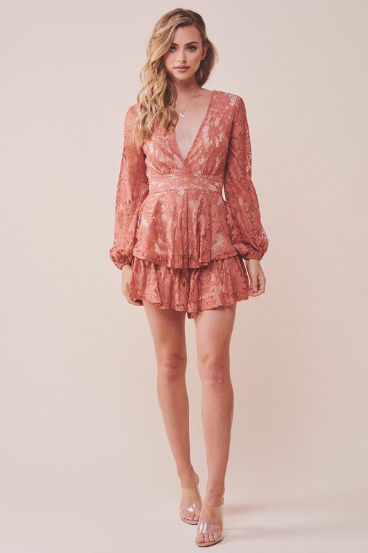 Elegant Rose Lace Pom Pom Detailed Ruffle Tie-Up Romper with Bell Sleeve