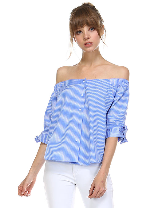 Summer Marine Style Button Down Off Shoulder Top
