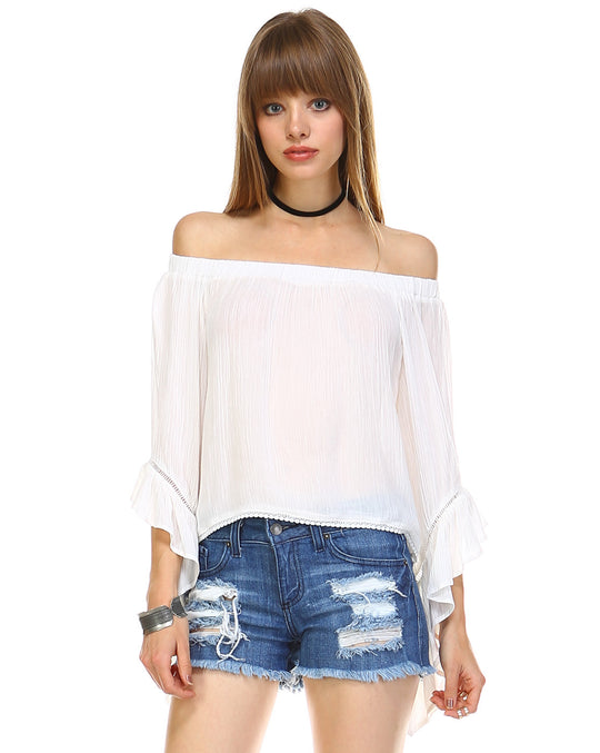 Elegant White Off Shoulder Ruffle Bell Sleeve Top