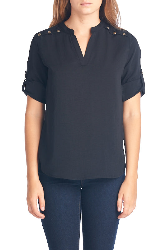 Fashion Gold Shoulder Detailed Black Blouse