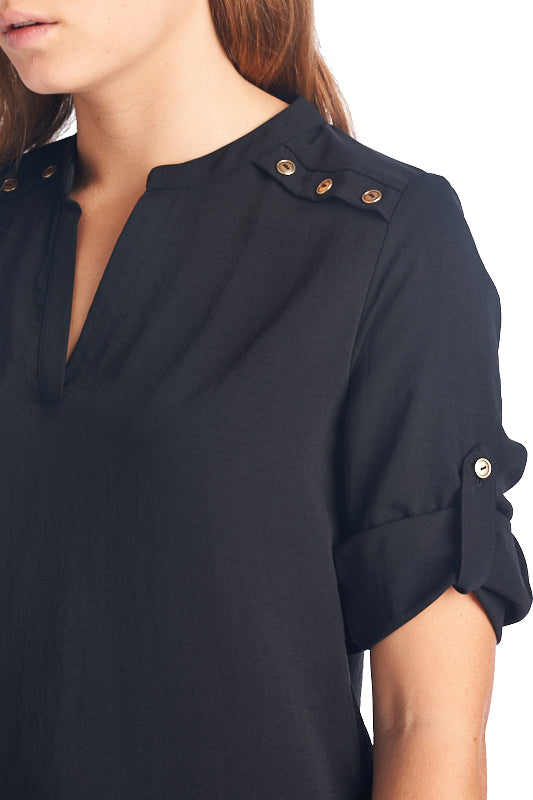 Fashion Gold Shoulder Detailed Black Blouse