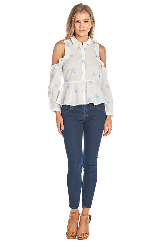 Fashion Cold Shoulder Star Embroidery White Top
