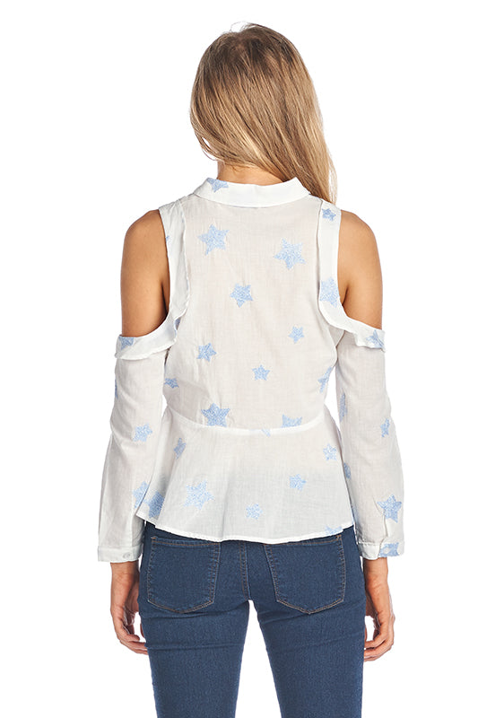 Fashion Cold Shoulder Star Embroidery White Top