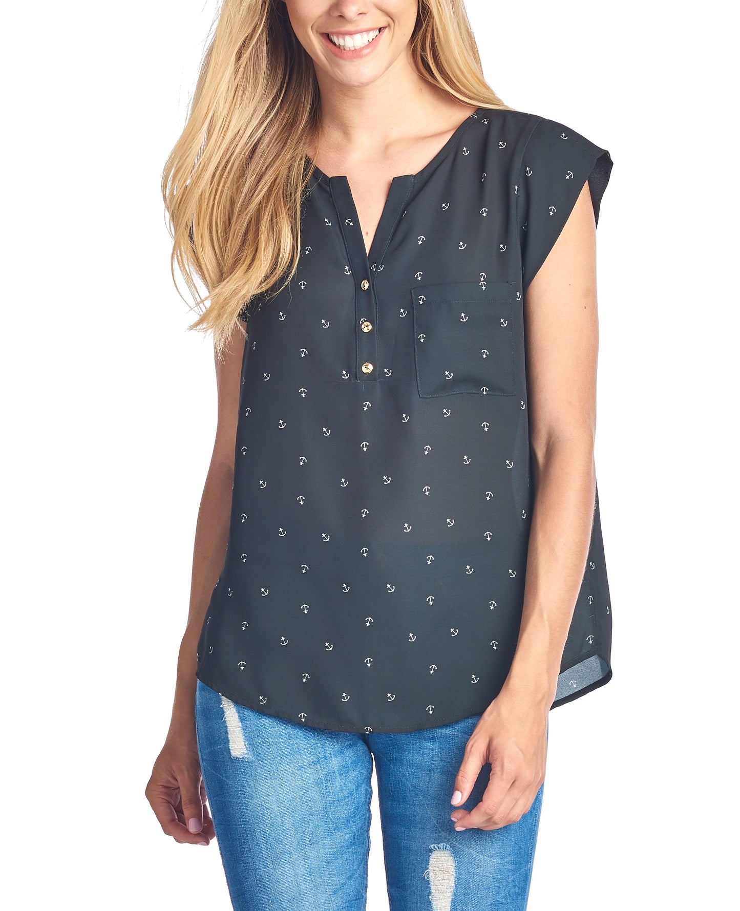 Fashion Gold Anchor Print Black Top