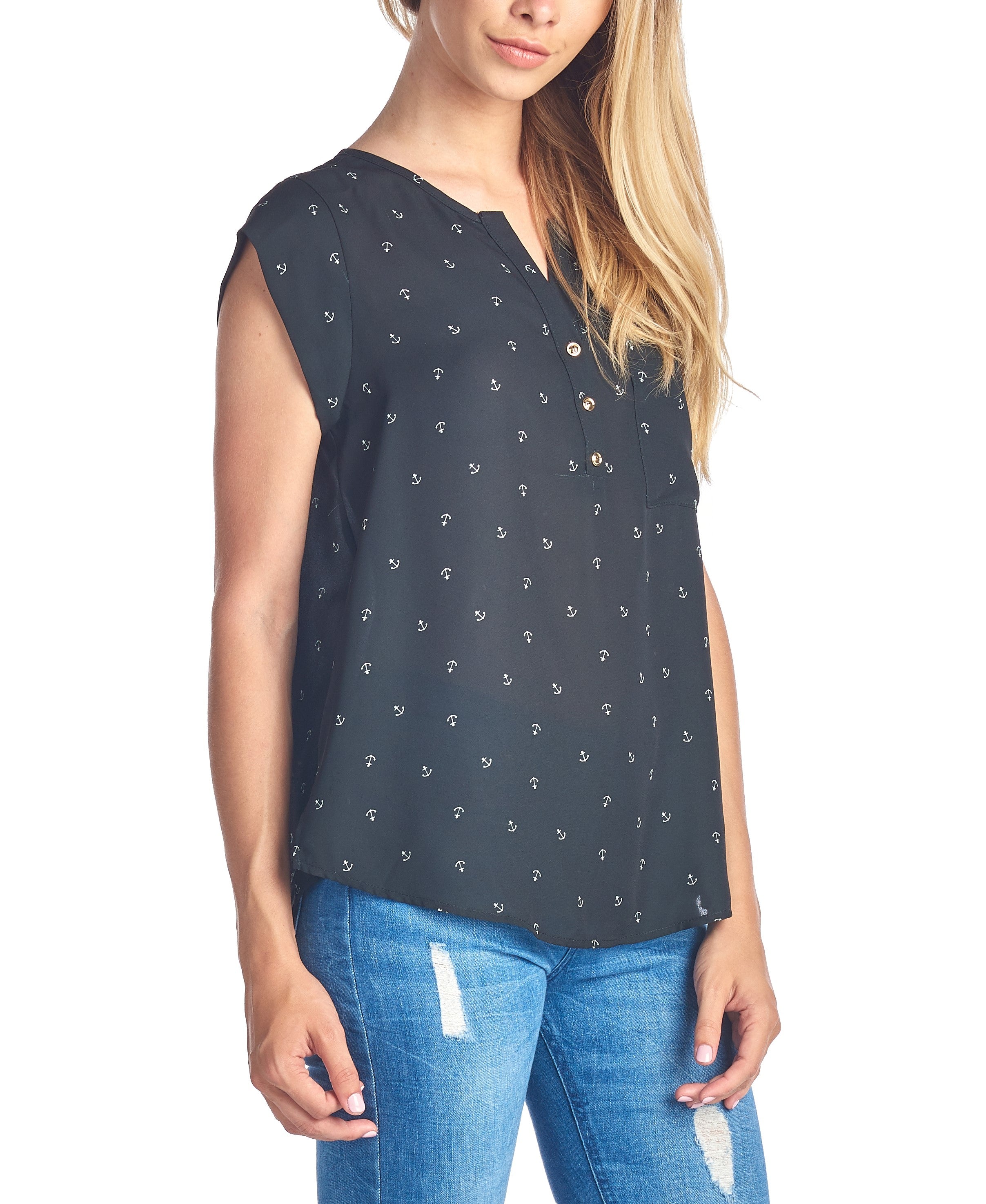 Fashion Gold Anchor Print Black Top