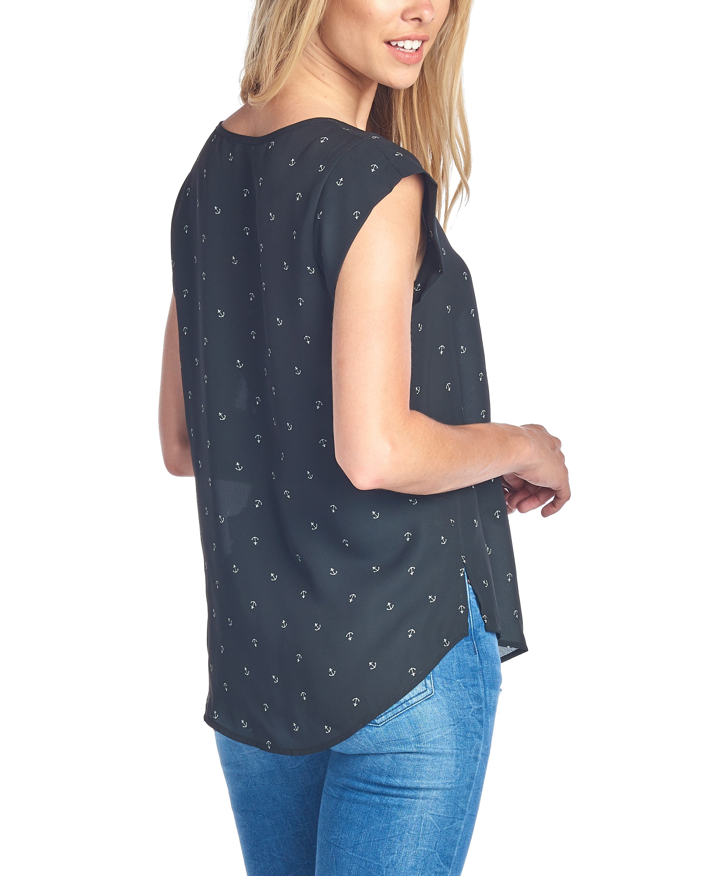 Fashion Gold Anchor Print Black Top