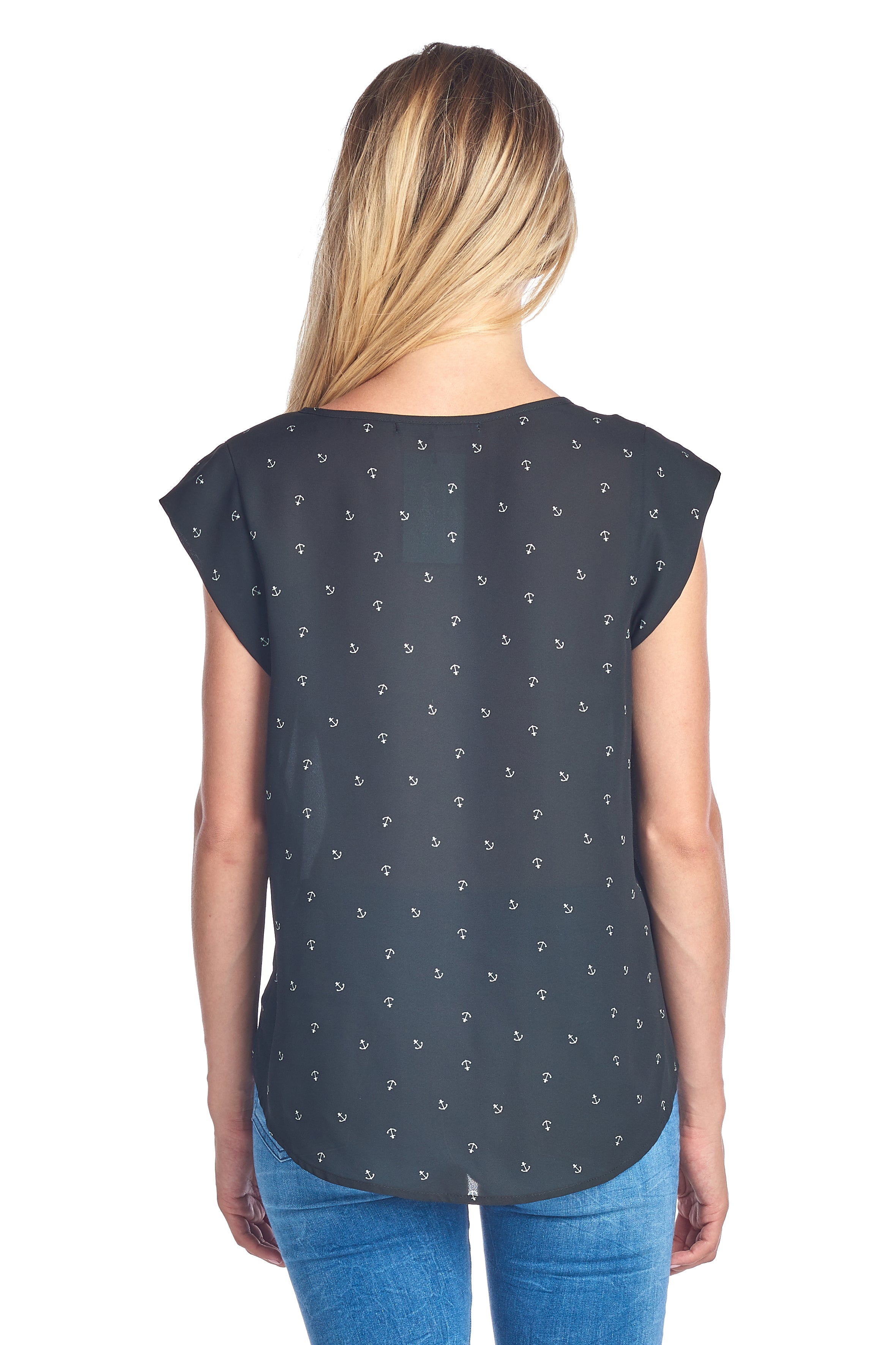 Fashion Gold Anchor Print Black Top