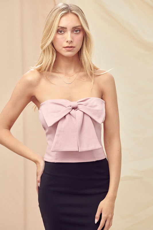 Fashion Mauve Strapless Bow Detailed Crop Top