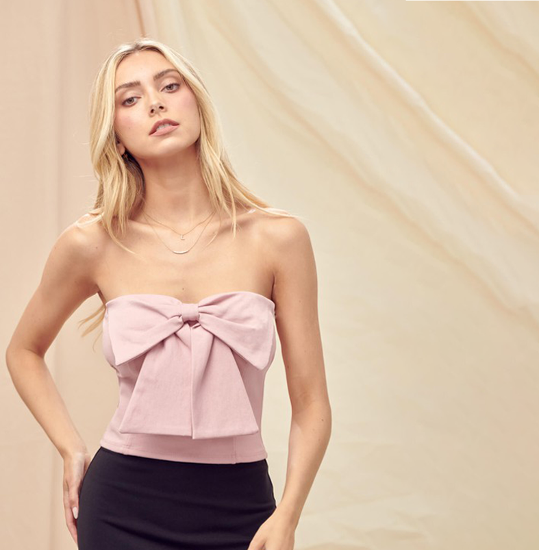 Fashion Mauve Strapless Bow Detailed Crop Top