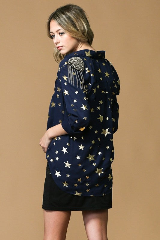 Fashion Gold Star Shoulder Trim Blue Blouse