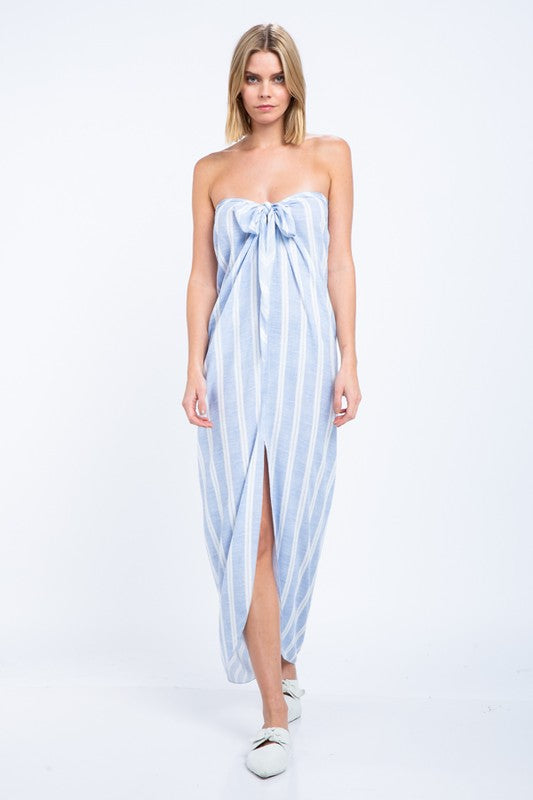 Fashion Off Shoulder Blue Marine Front Tie-Up Maxi Dress