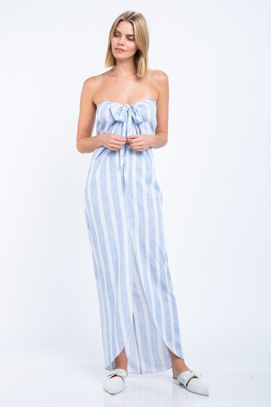 Fashion Off Shoulder Blue Marine Front Tie-Up Maxi Dress