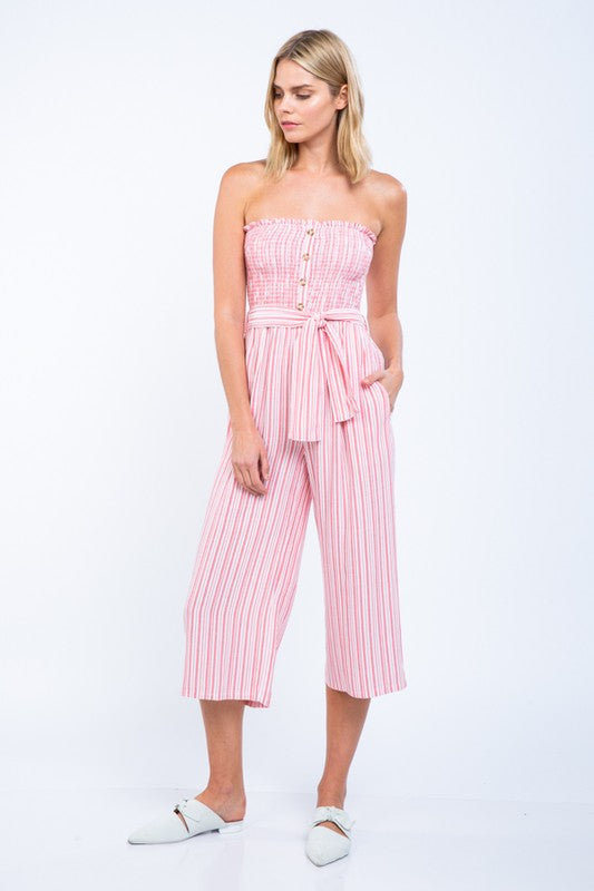 Fashion Elastic Strapless Button Down Pink Tie-Up Jumpsuit