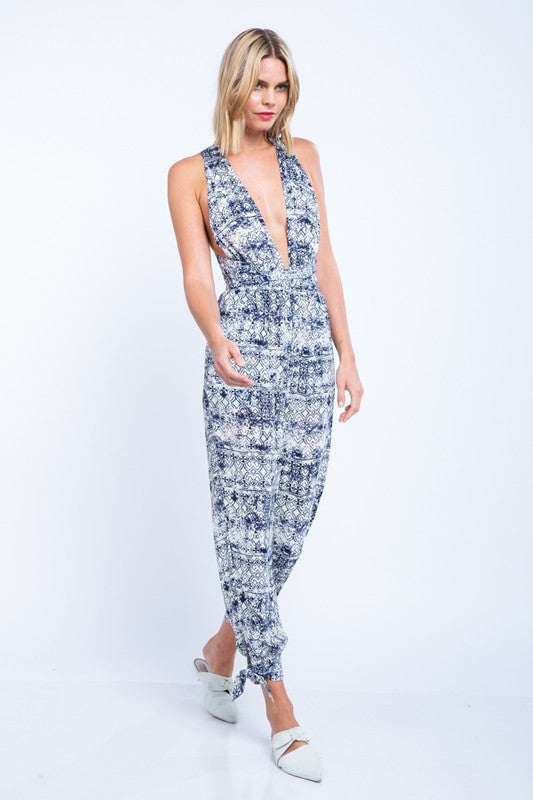 Fashion Navy Ethnic Print Halter Cross Tie-Up Casual Jumpsuit