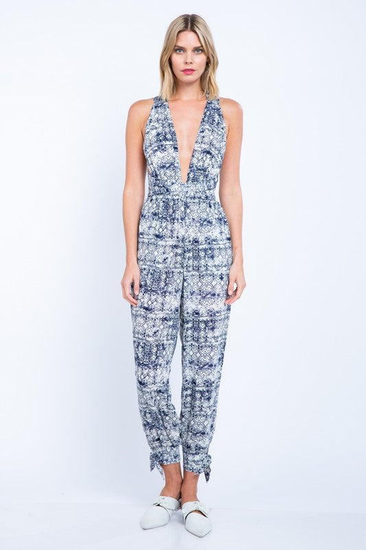 Fashion Navy Ethnic Print Halter Cross Tie-Up Casual Jumpsuit
