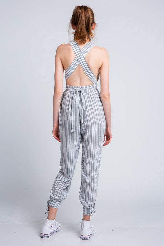 Fashion Grey Contrast Halter Cross Tie-Up Jumpsuit