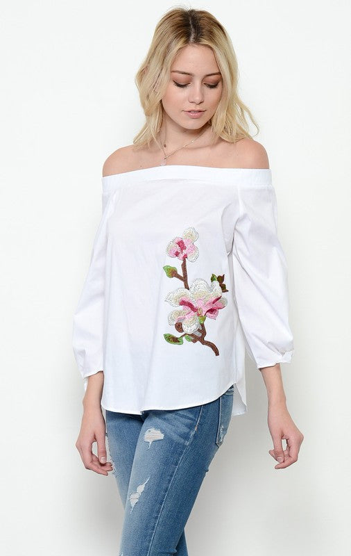 Fashion White Off Shoulder Top Orchids Embroidery