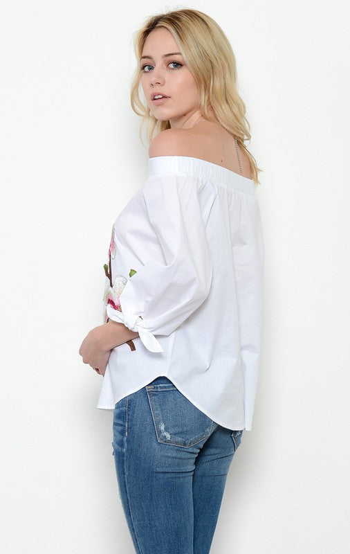 Fashion White Off Shoulder Top Orchids Embroidery