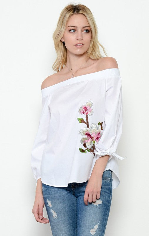 Fashion White Off Shoulder Top Orchids Embroidery