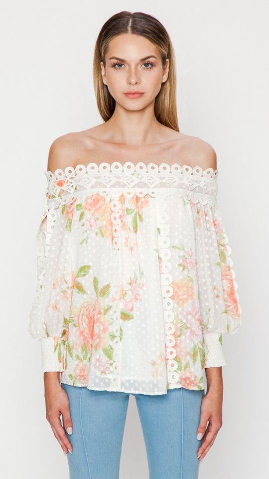 Elegant Off Shoulder Ivory Rose Floral Print Lace Top