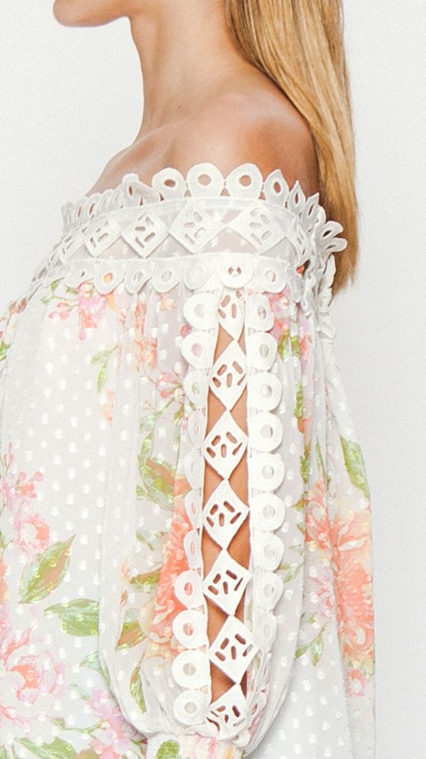 Elegant Off Shoulder Ivory Rose Floral Print Lace Top