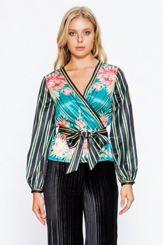Elegant V-Neck Tie-Up Satin Floral Print Blue Blouse with Long Sleeve