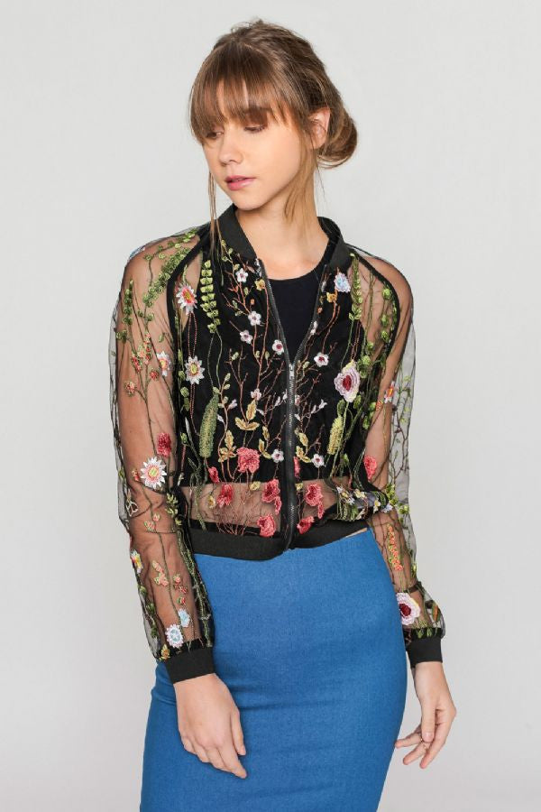 Fashion Black Lace Floral Embroidery Bomber Jacket
