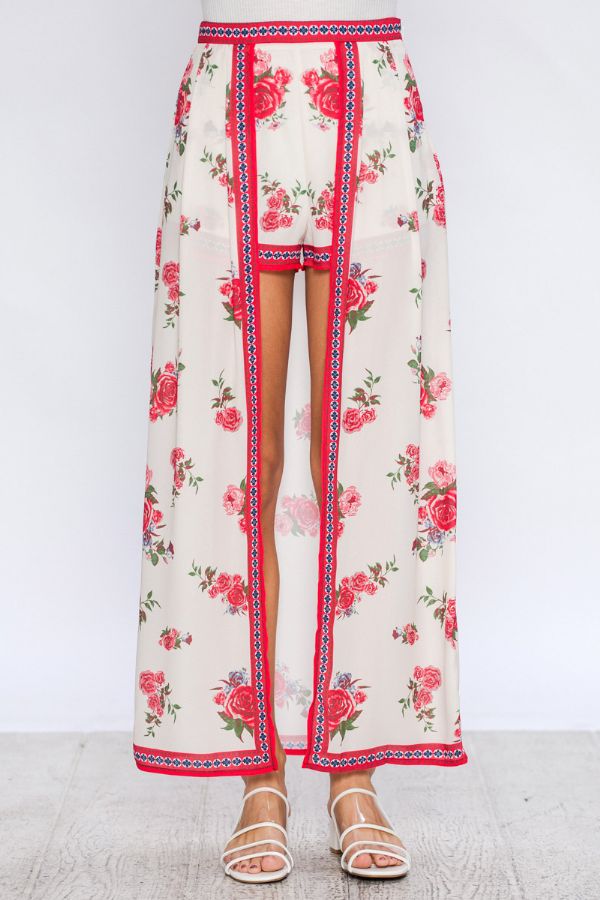 Fashion Red Floral Print High Low Maxi Shorts