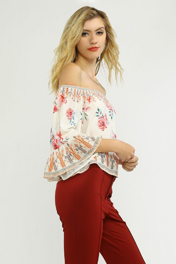Fashion Off Shoulder Bell Sleeve Cream Top