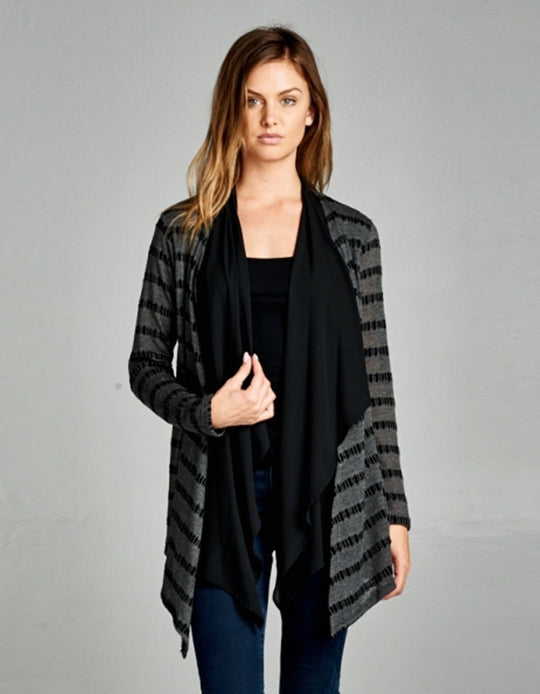 Textured Knit Draped Black Cardigan