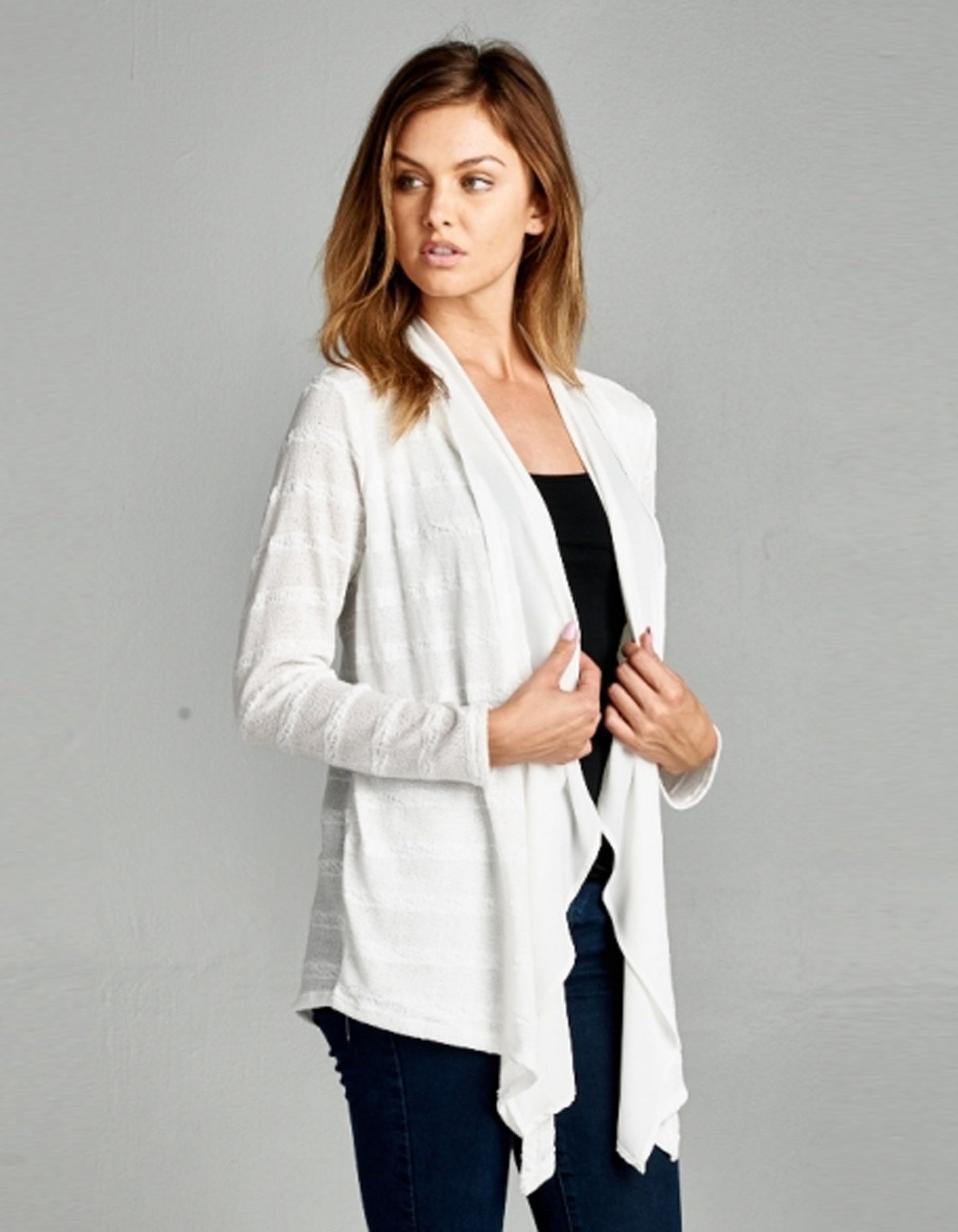Textured Knit Draped White Cardigan