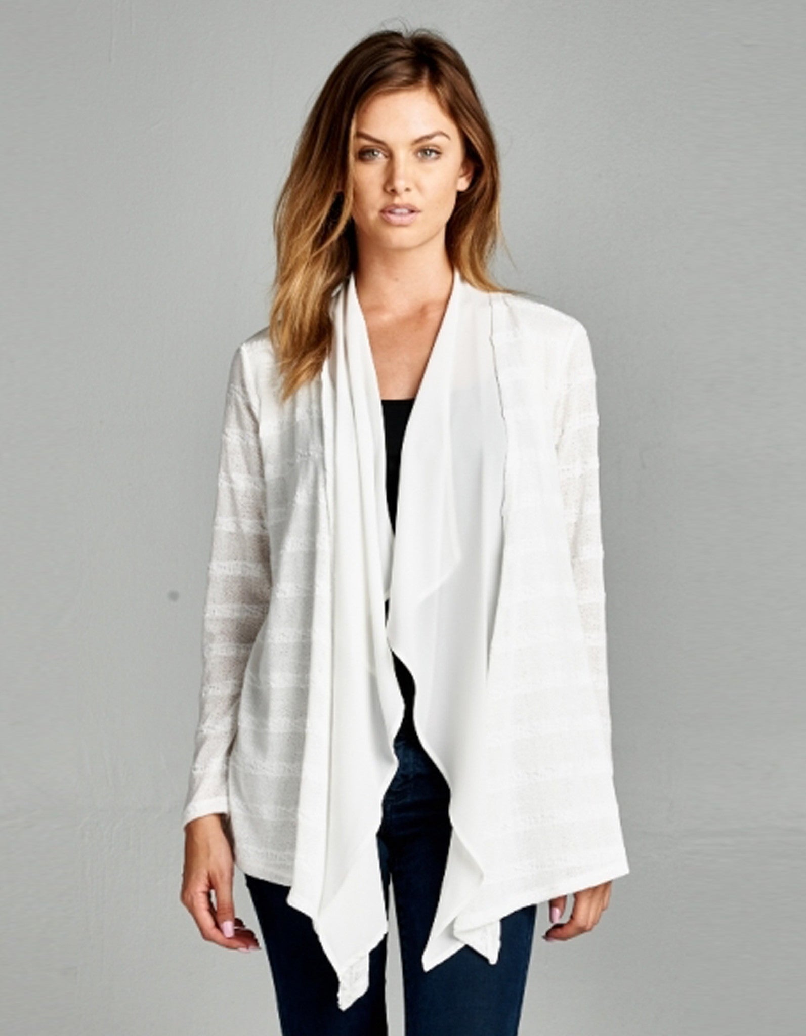 Textured Knit Draped White Cardigan