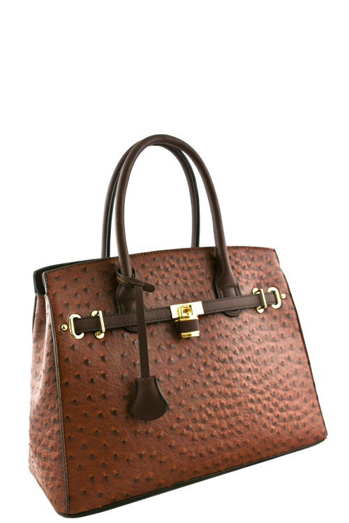 Elegant Ostrich Print Brown Padlock Top Handle Tote Bag