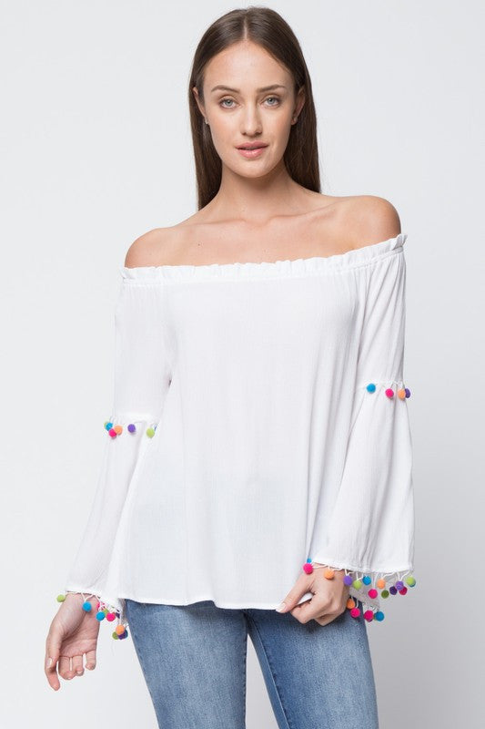 Summer Pom Pom Trim Detail Off Shoulder White Top