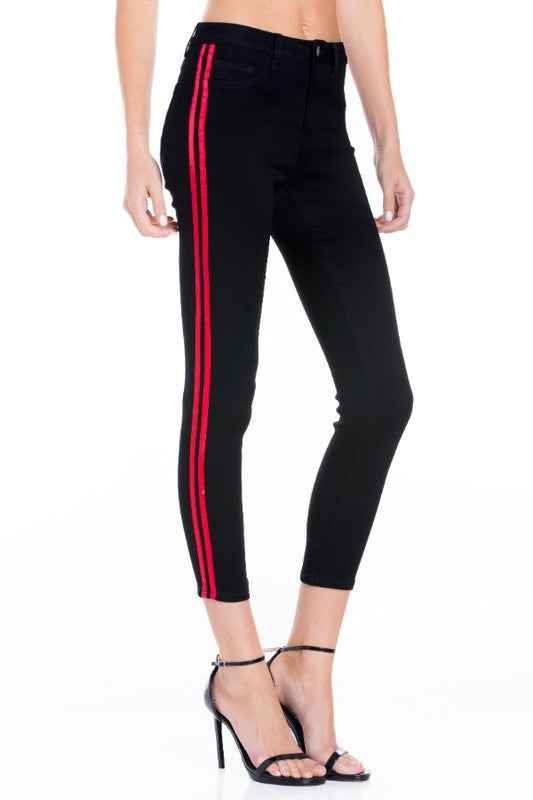 Skinny Jean with Black Wash Side Red Striped Detailed