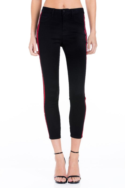 Skinny Jean with Black Wash Side Red Striped Detailed