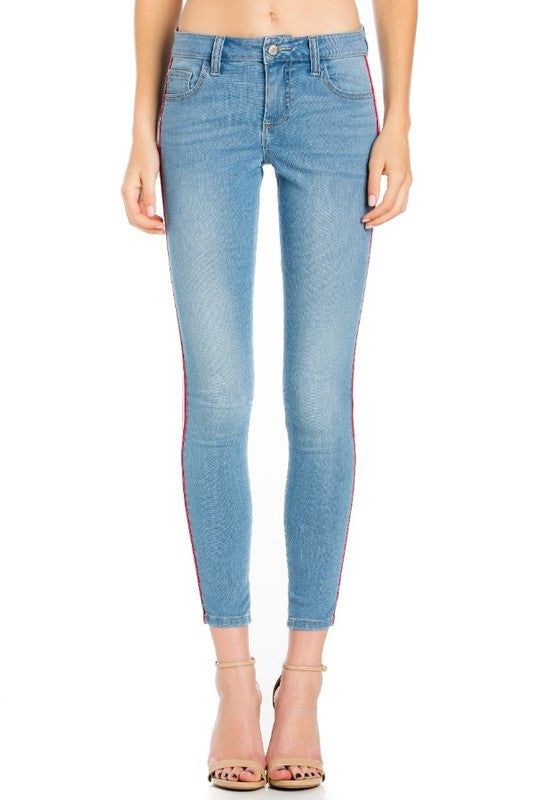 Skinny Jean with Medium Blue Wash Striped Side Detailed