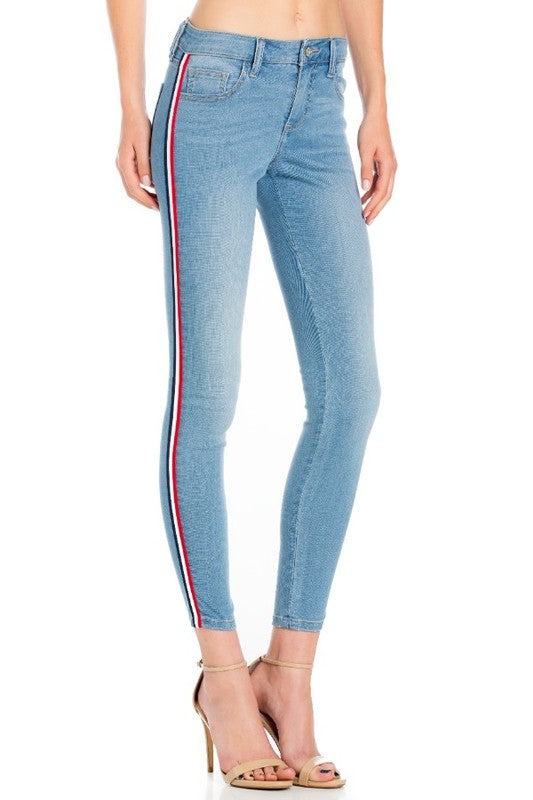 Skinny Jean with Medium Blue Wash Striped Side Detailed